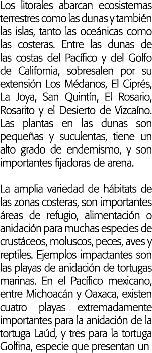 Los litorales abarcan ecosistemas terrestres como las dunas y tambi n las islas  tanto las oce nicas como las costera   