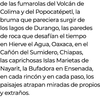 de las fumarolas del Volc n de Colima y del Popocat petl  la bruma que pareciera surgir de los lagos de Durango  las    