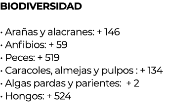 BIODIVERSIDAD   Arañas y alacranes: + 146             Anfibios: + 59                             Peces: + 519           