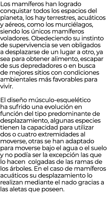 Los mam feros han logrado conquistar todos los espacios del planeta, los hay terrestres, acu ticos y a reos, como los...