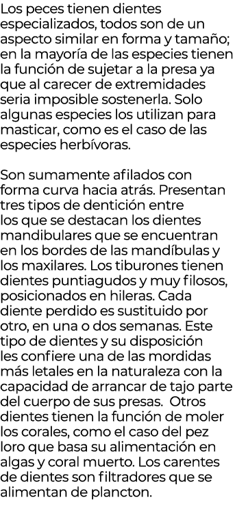 Los peces tienen dientes especializados, todos son de un aspecto similar en forma y tama o; en la mayor a de las espe...