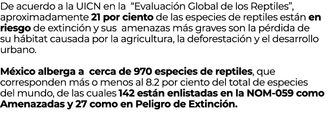 De acuerdo a la UICN en la “Evaluaci n Global de los Reptiles”, aproximadamente 21 por ciento de las especies de rept...